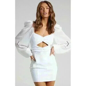 NWT Showpo Dress Bell Sleeve White Ruched Mini Lillian Cutout Size 8 Womens